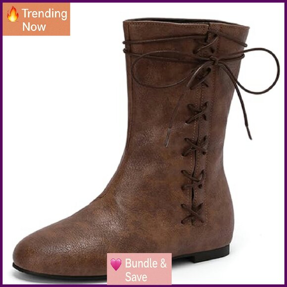 Vintage Lace-Up Ankle Boots Women's Size 7 PU Leather Flat Heel - Picture 2 of 8